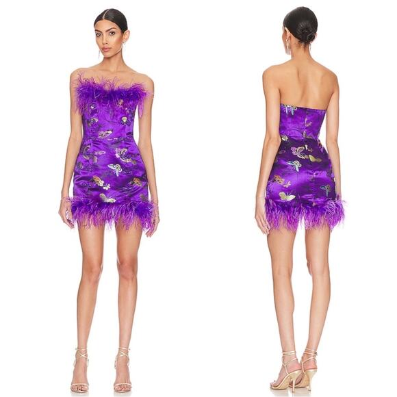 SAU LEE Jayde Strapless Floral Embroidered Feather Hem Purple Mini Dress Size 14 - Picture 1 of 11